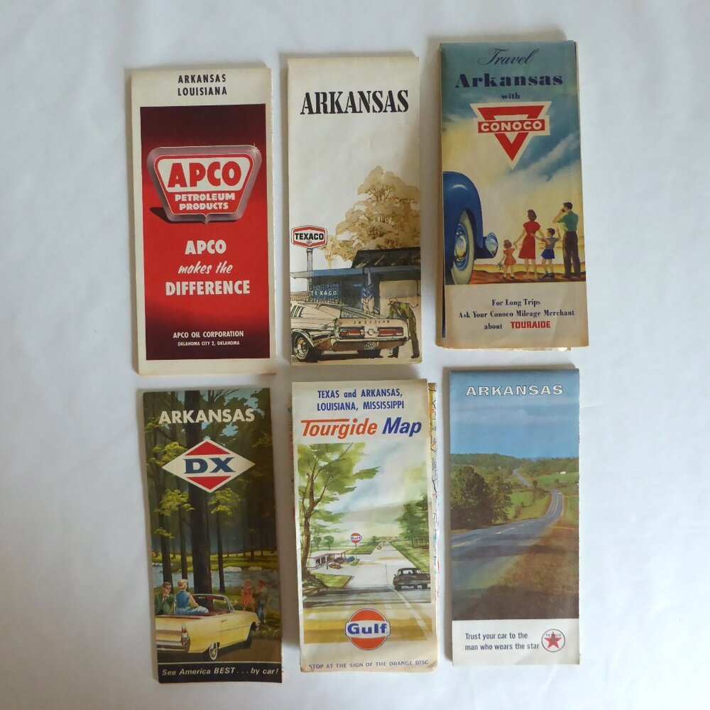 VINTAGE 1950-70’s ARKANSAS TEXACO CONOCO DX GULF ROAD MAP LOT OF 6